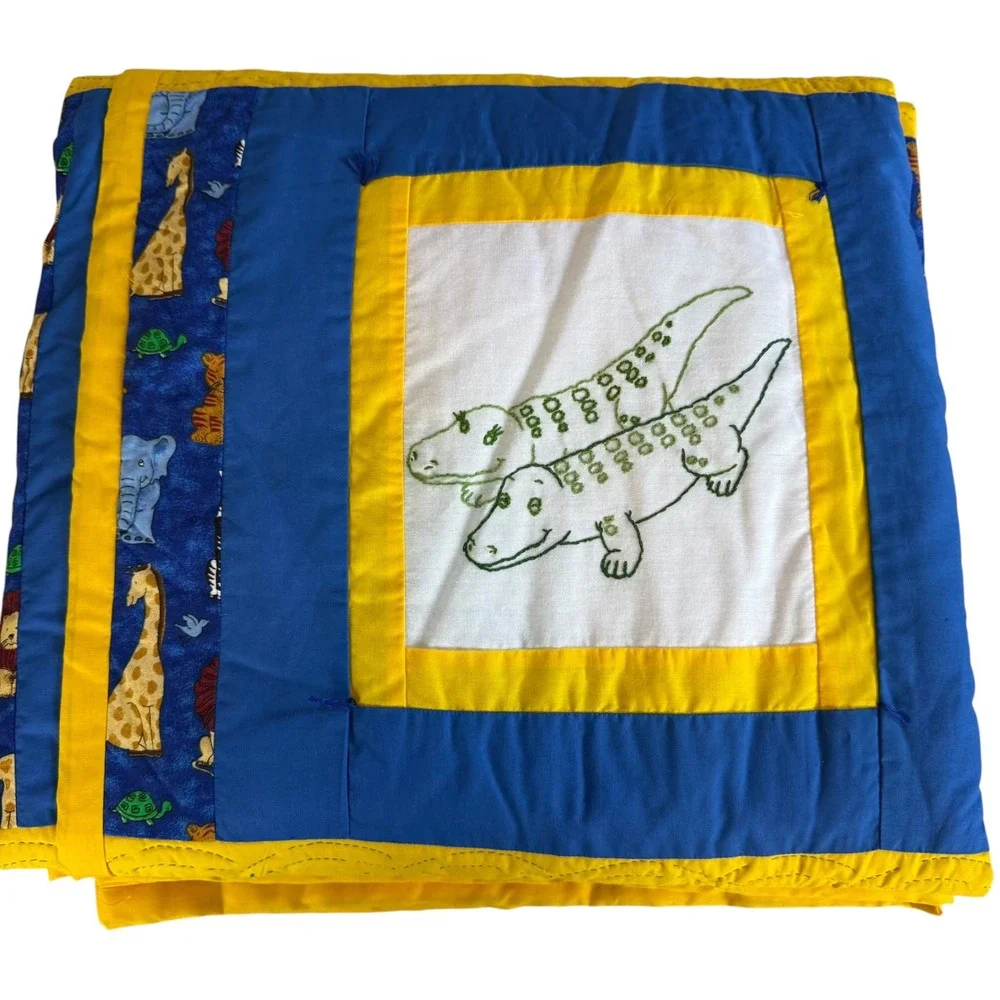 Handmade Noahs Ark Baby Quilt All Creatures Great And Small Embroidered Blue